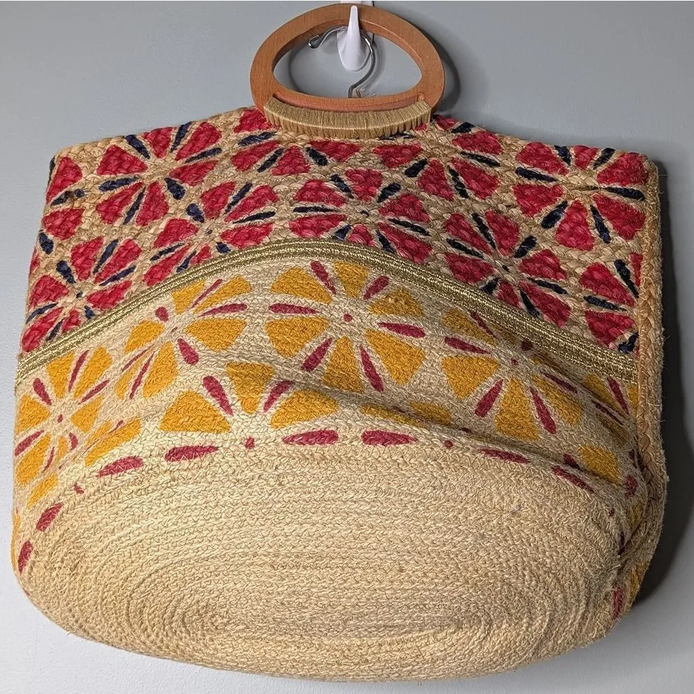 ANTIK KRAFT Jute Abstract Floral Gold Embellished Wood Handled Large Tote Bag